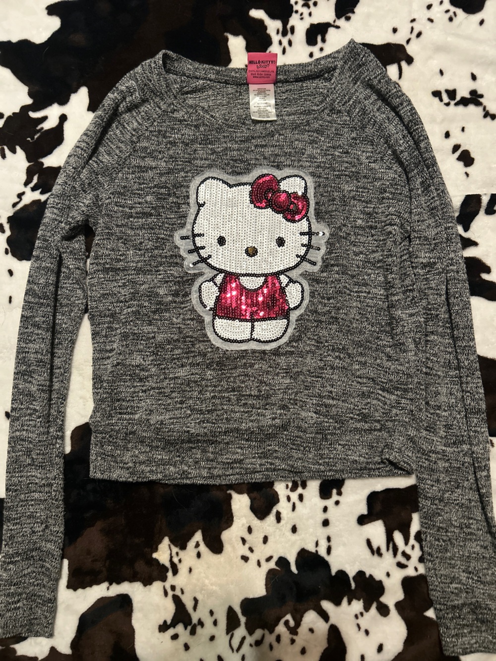Hello Kitty Gray Knit Sweatshirt with Pink Sequin Bow